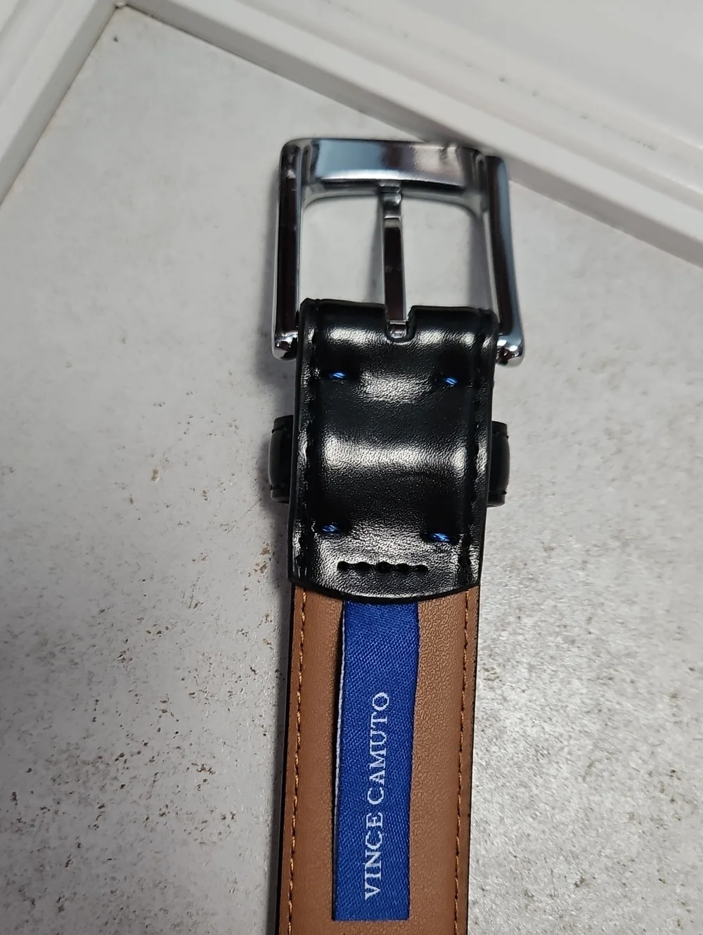 NWOT Vince Camuto Edge Stitched Men's Black Leather Belt with Silver Buckle 34
